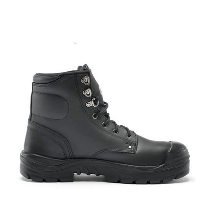 Black leather boot with a white background