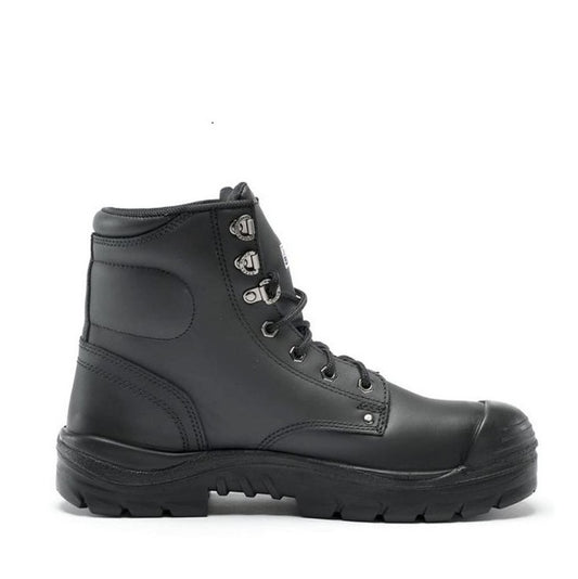 Black leather boot with a white background