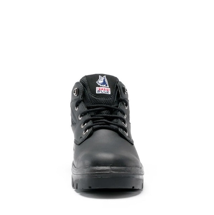 Black high-top sneaker with a brand logo on a white background
