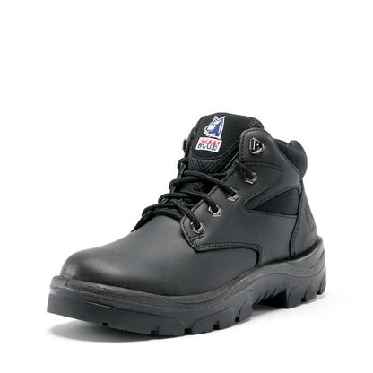 Black boot with brand logo on a white background