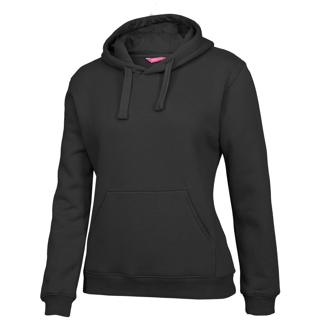 A black ladies fleecy hoodie with a hood, front kangaroo pocket, and rib cuffs.