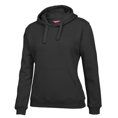 A black ladies fleecy hoodie with a hood, front kangaroo pocket, and rib cuffs.