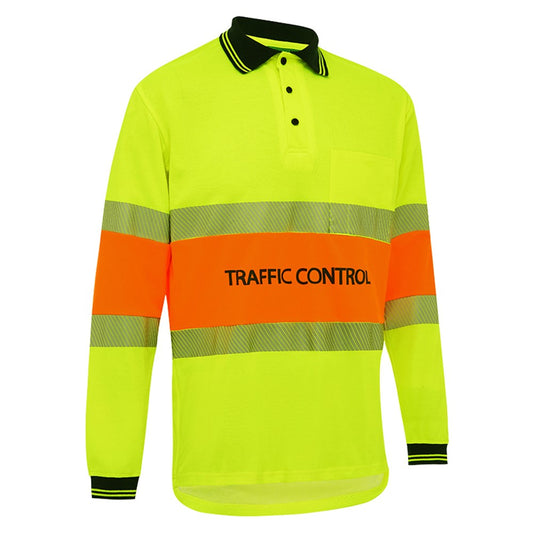 A yellow long-sleeved polo shirt with orange stripes and 'TRAFFIC CONTROL' text on the front and back. 