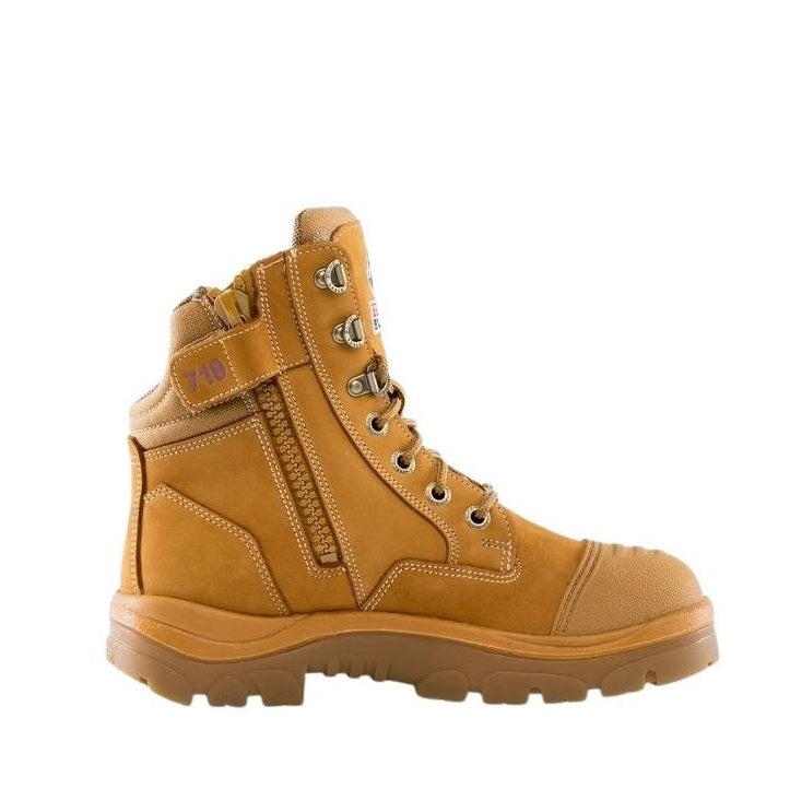 Tan work boot on a white background