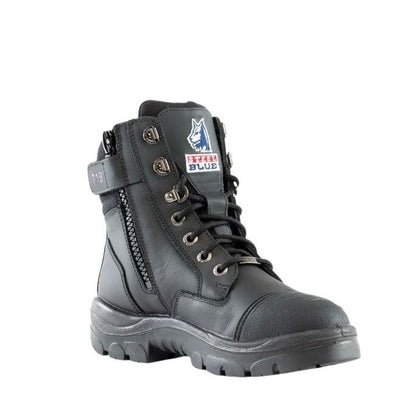 Gray boot with a brand logo on a white background
