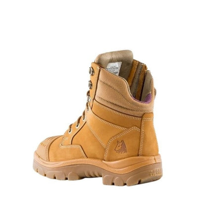 Tan work boot on a white background