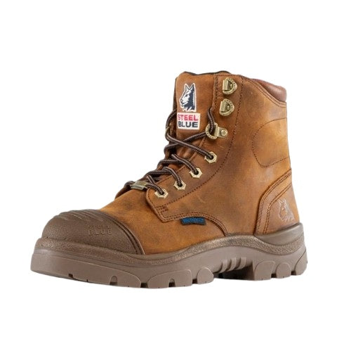 Steel Blue 512739 Women's Scuff Waterproof Safety Work Boots - Brown Colour - Side View with multiple Steel Blue Logos Visible