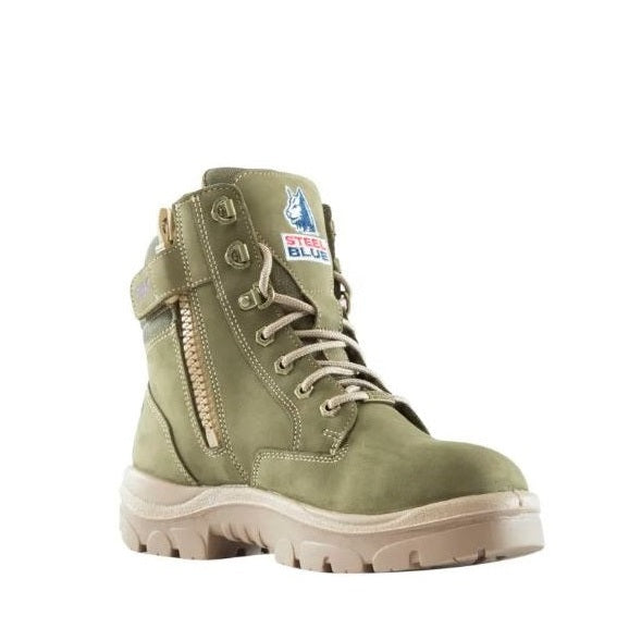 Green boot with a visible brand logo on a white background