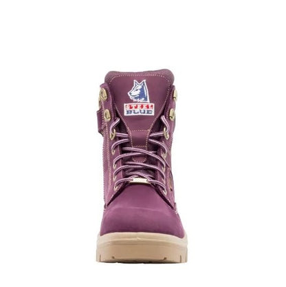 Purple boot with a brand logo on a white background