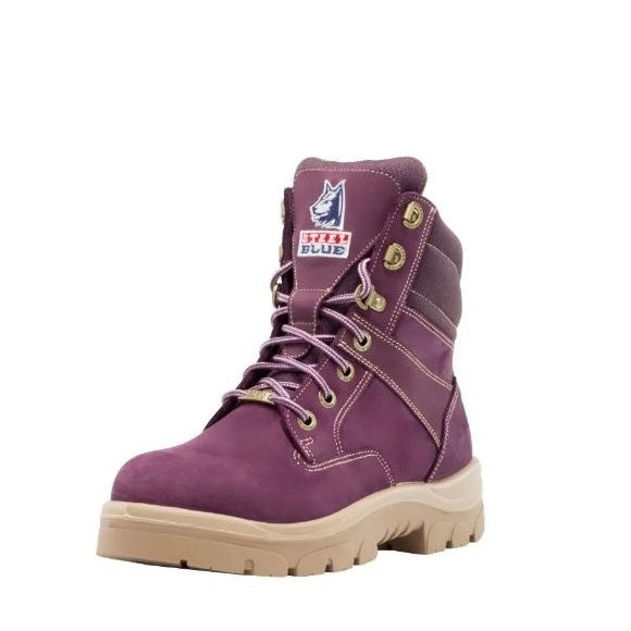 Purple boot with brand logo on a white background