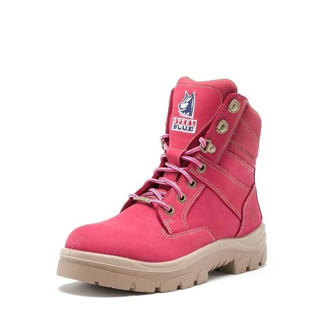 Pink boot with brand logo on a white background