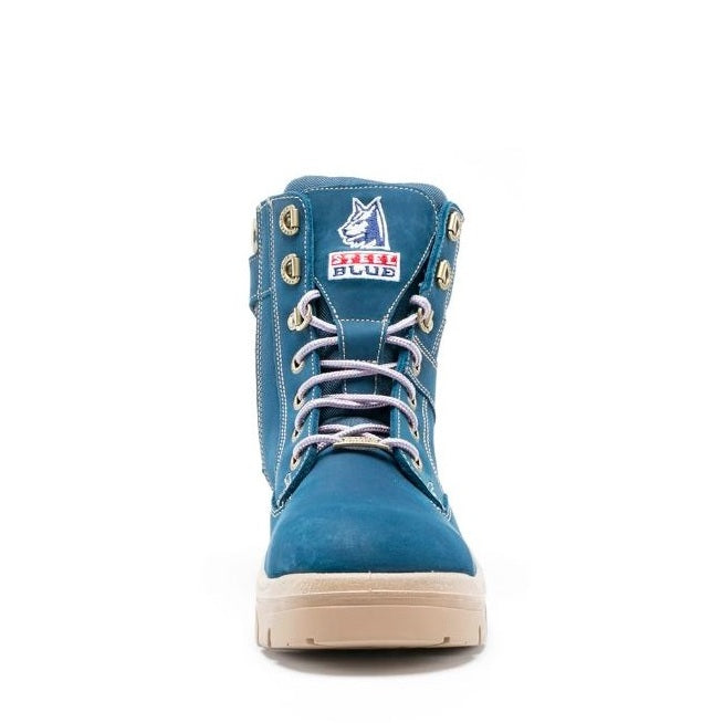 Blue boot with brand logo on a white background