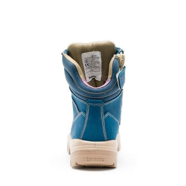 Blue high-top sneaker with beige sole on a white background
