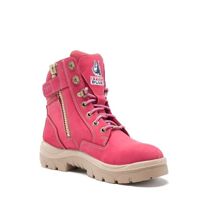 Pink boot with brand logo on a white background