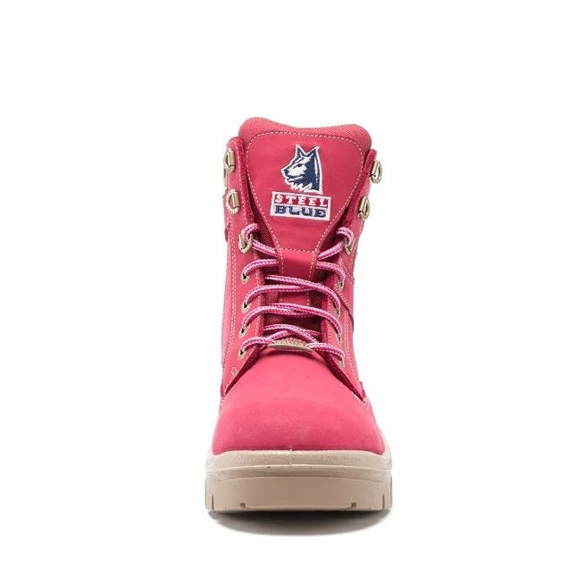 Pink high-top sneaker with a brand logo on a white background