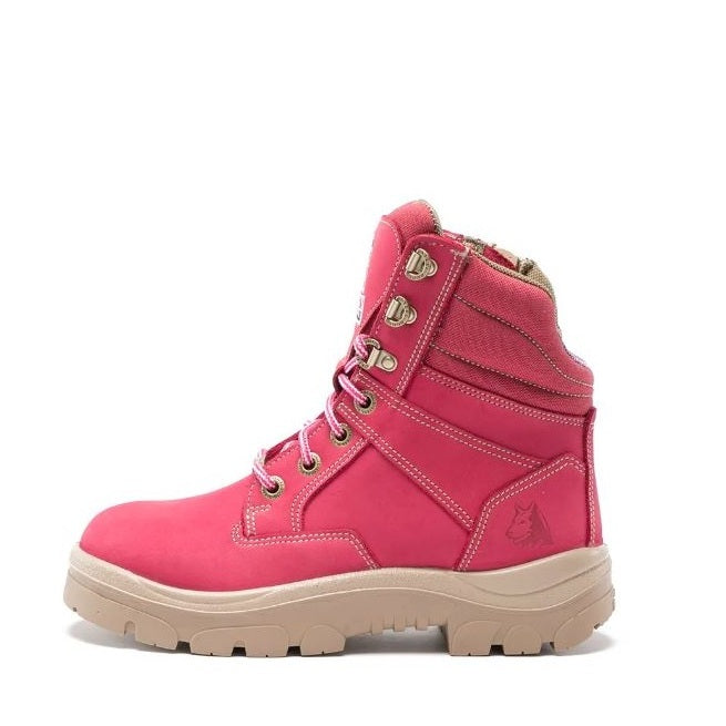Pink boot with beige sole on a white background