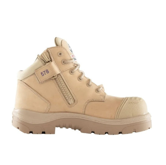 A sand, lace-up safety work boots with a side zipper and a composite toe cap designed for women.