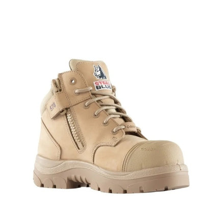 Tan work boot with brand logo on a white background