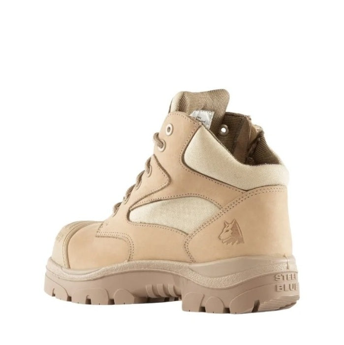 Tan boot with a visible brand logo on a white background
