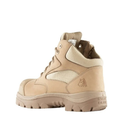 Tan boot with a visible brand logo on a white background