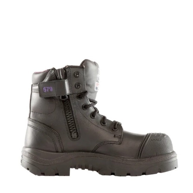 Gray boot with a visible brand logo on a white background