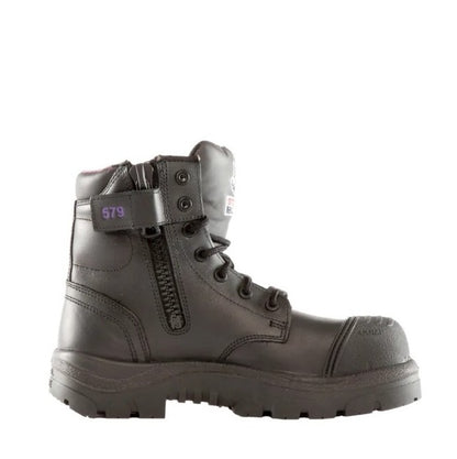 Gray boot with a visible brand logo on a white background