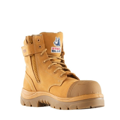 Tan work boot with Steel Blue logo on a white background