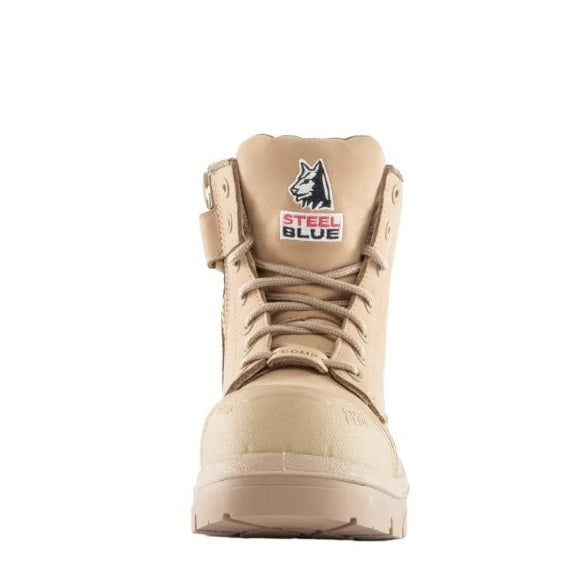 Beige boot with Steel Blue logo on a white background