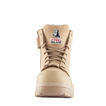 Beige boot with Steel Blue logo on a white background