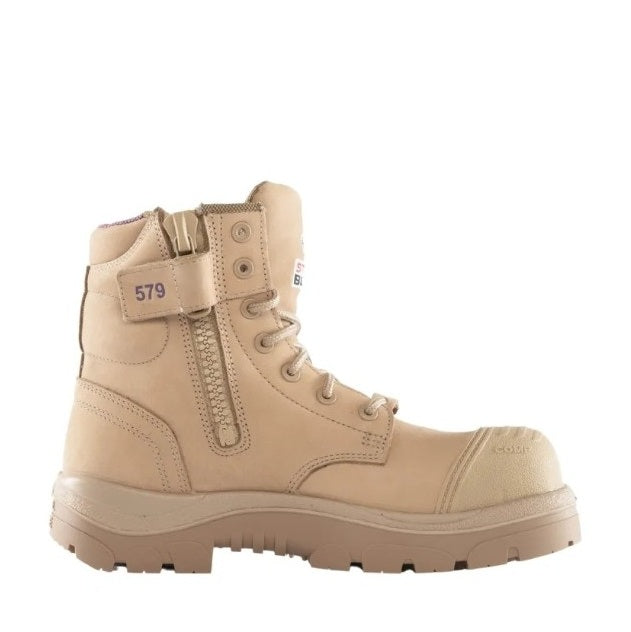 Beige boot with a visible brand label on a white background