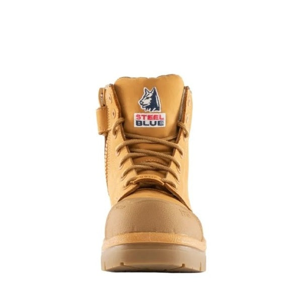 Tan work boot with Steel Blue logo on a white background