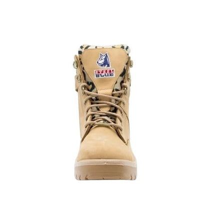 Beige boot with a brand logo on a white background