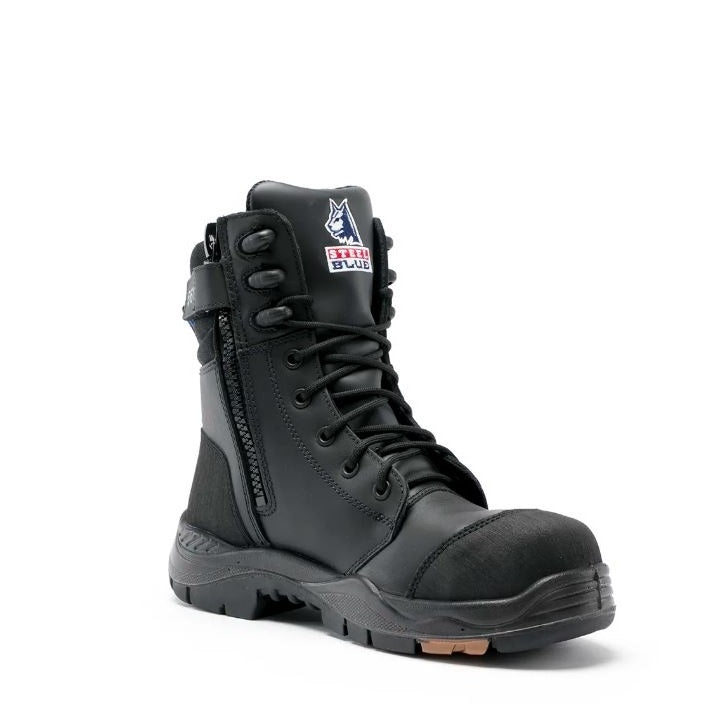 Black boot with a brand logo on a white background