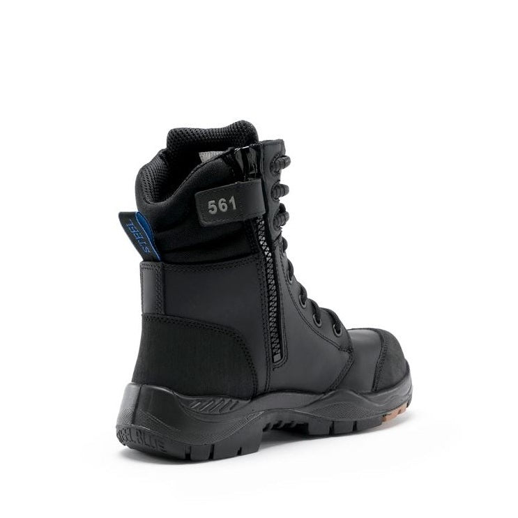 Black tactical boot with a visible brand number on a white background