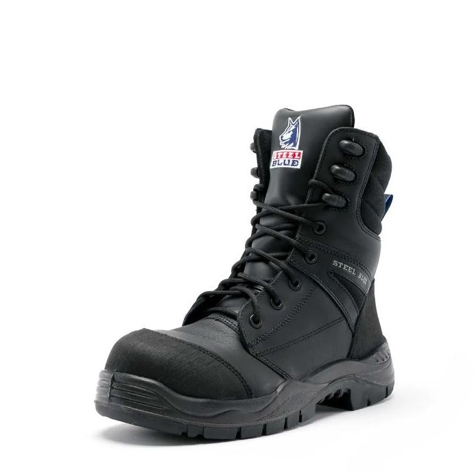 Black safety boot with Steel Blue logo on a white background