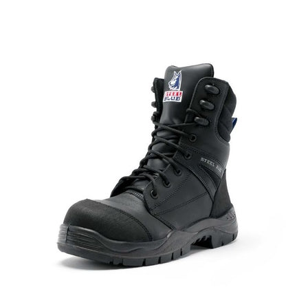 Black safety boot with Steel Blue logo on a white background