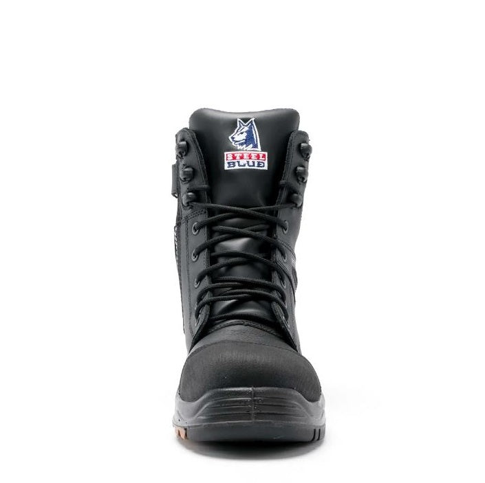 Black high-top boot with a brand logo on a white background