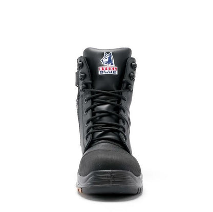 Black high-top boot with a brand logo on a white background