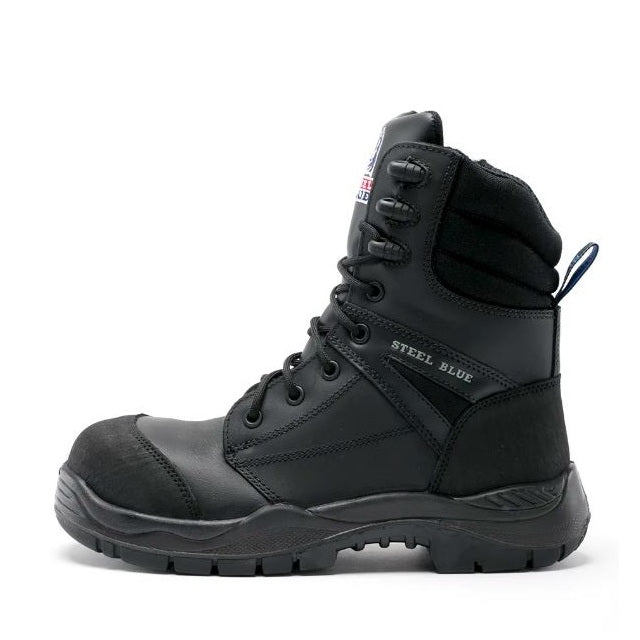 Black boot with 'Steel Blue' branding on a white background