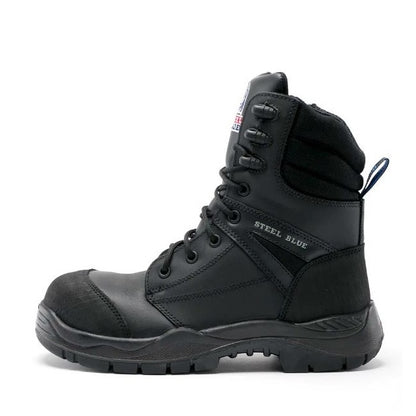 Black boot with 'Steel Blue' branding on a white background