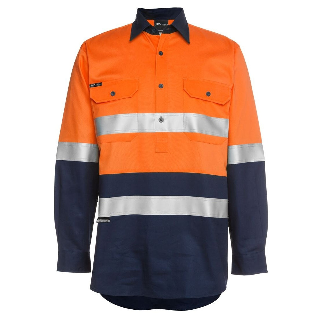 JBs Wear 6HWCF Hi Vis Day/Night Close Front L/S 190G Work Shirt - Orange / Navy - Front View