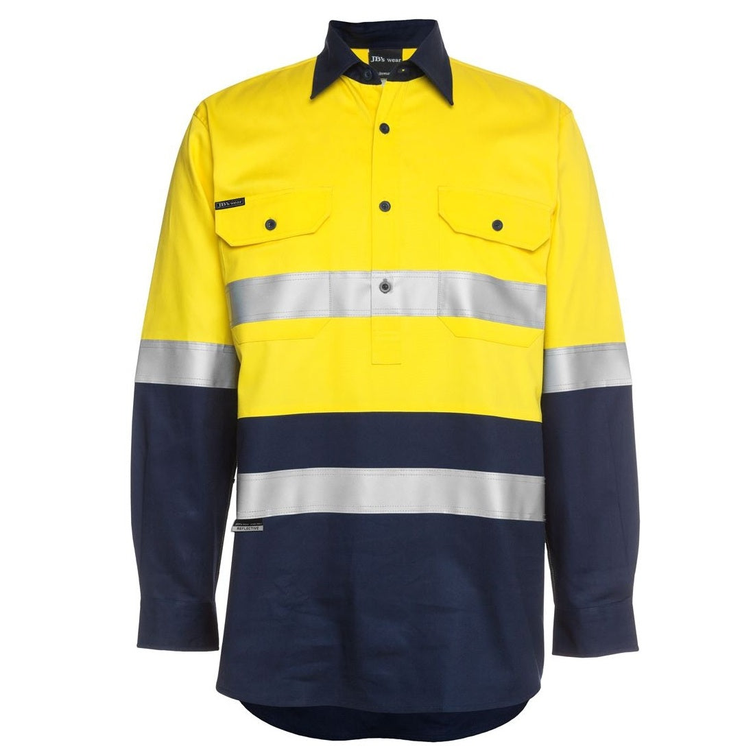 JBs Wear 6HWCF Hi Vis Day/Night Close Front L/S 190G Work Shirt - Yellow / Navy - Front View