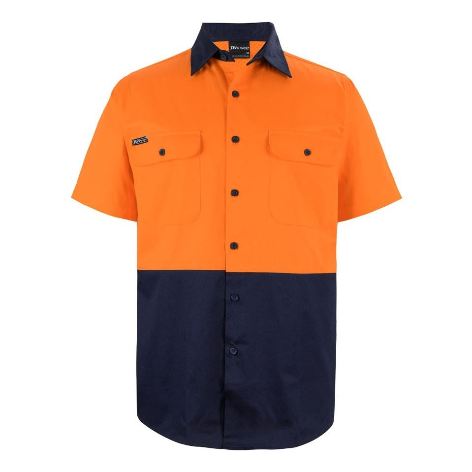 JB's Wear 6HWSS Hi Vis S/S 150G Work Shirt - Orange / Navy - Front View