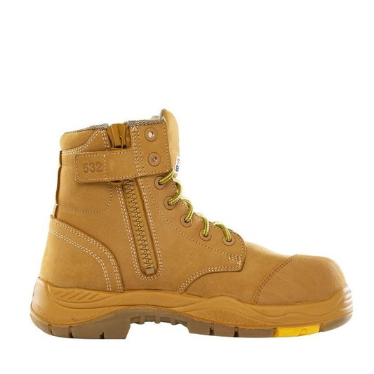 Tan work boot with a white background