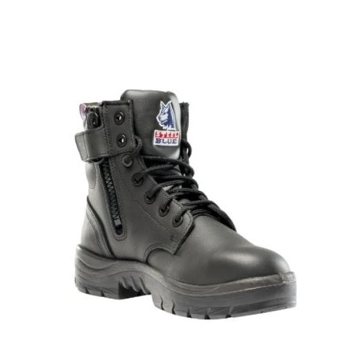 Black boot with a visible brand logo on a white background