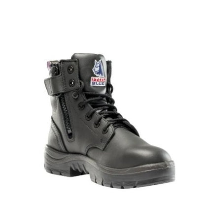 Black boot with a visible brand logo on a white background