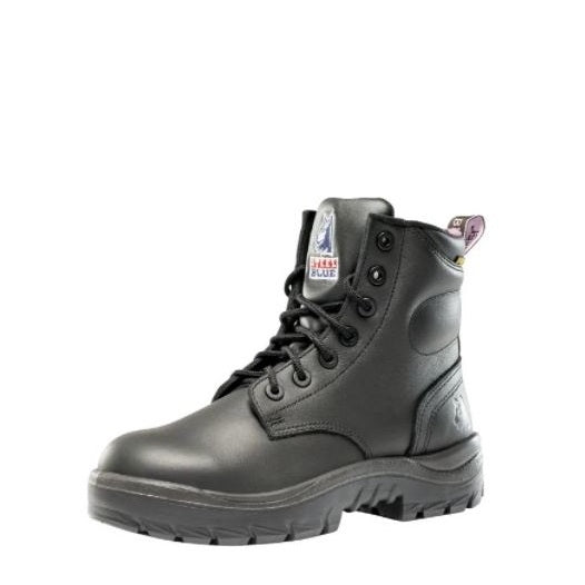 Black safety boot with visible brand label on a white background