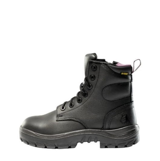 Black boot with visible brand logo on a white background