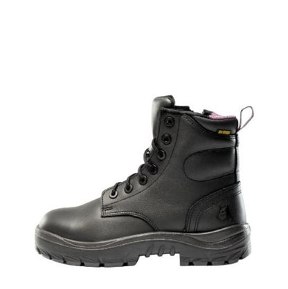 Black boot with visible brand logo on a white background