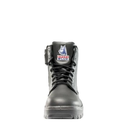 Black safety boot with a brand logo on a white background